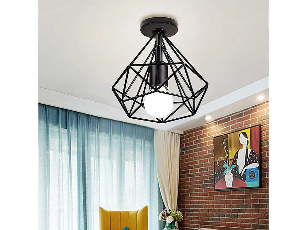 Plafonnier Industrielle Vintage en Métal LED E27 Cage forme Diamant 20cm pour Salle à Manger,Bar,Chambre,Cuisine et Salon (Noir)