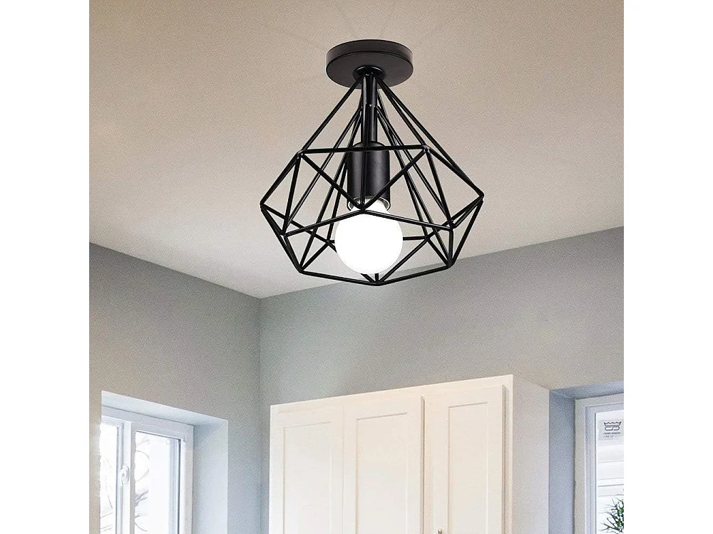 Plafonnier Industrielle Vintage en Métal LED E27 Cage forme Diamant 20cm pour Salle à Manger,Bar,Chambre,Cuisine et Salon (Noir)