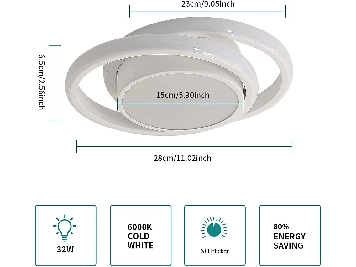 2 pièces Plafonnier LED 32W Design moderne 32W Rond Lampe de Plafond Blanc Froid 6000K Pour salon chambre à coucher salle à manger bureau Blanc 28cm