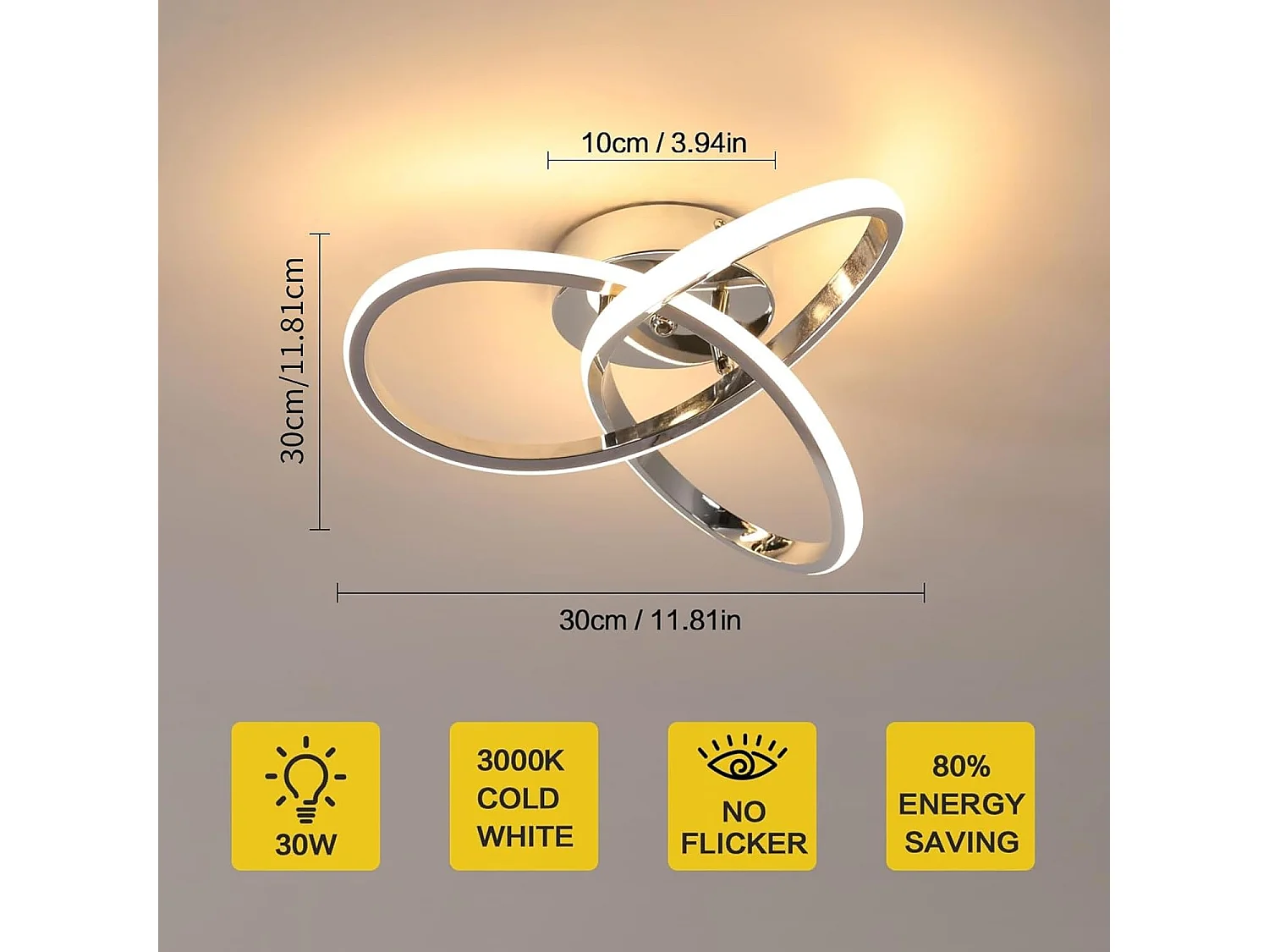 Plafonnier LED Moderne Design Créatif en Aluminium Lampe de Lustre pour Cuisine Salon Chambre Salle à Manger（Argenté 30W Lumière Blanche Chaud 3000K）