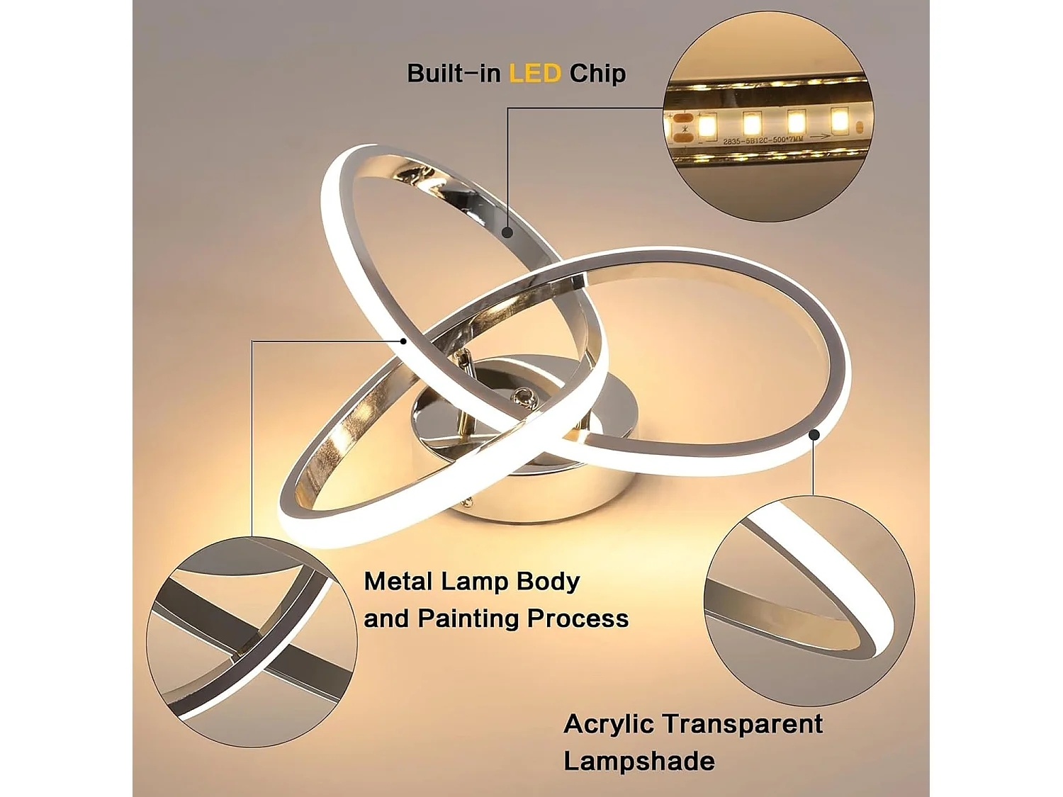 Plafonnier LED Moderne Design Créatif en Aluminium Lampe de Lustre pour Cuisine Salon Chambre Salle à Manger（Argenté 30W Lumière Blanche Chaud 3000K）