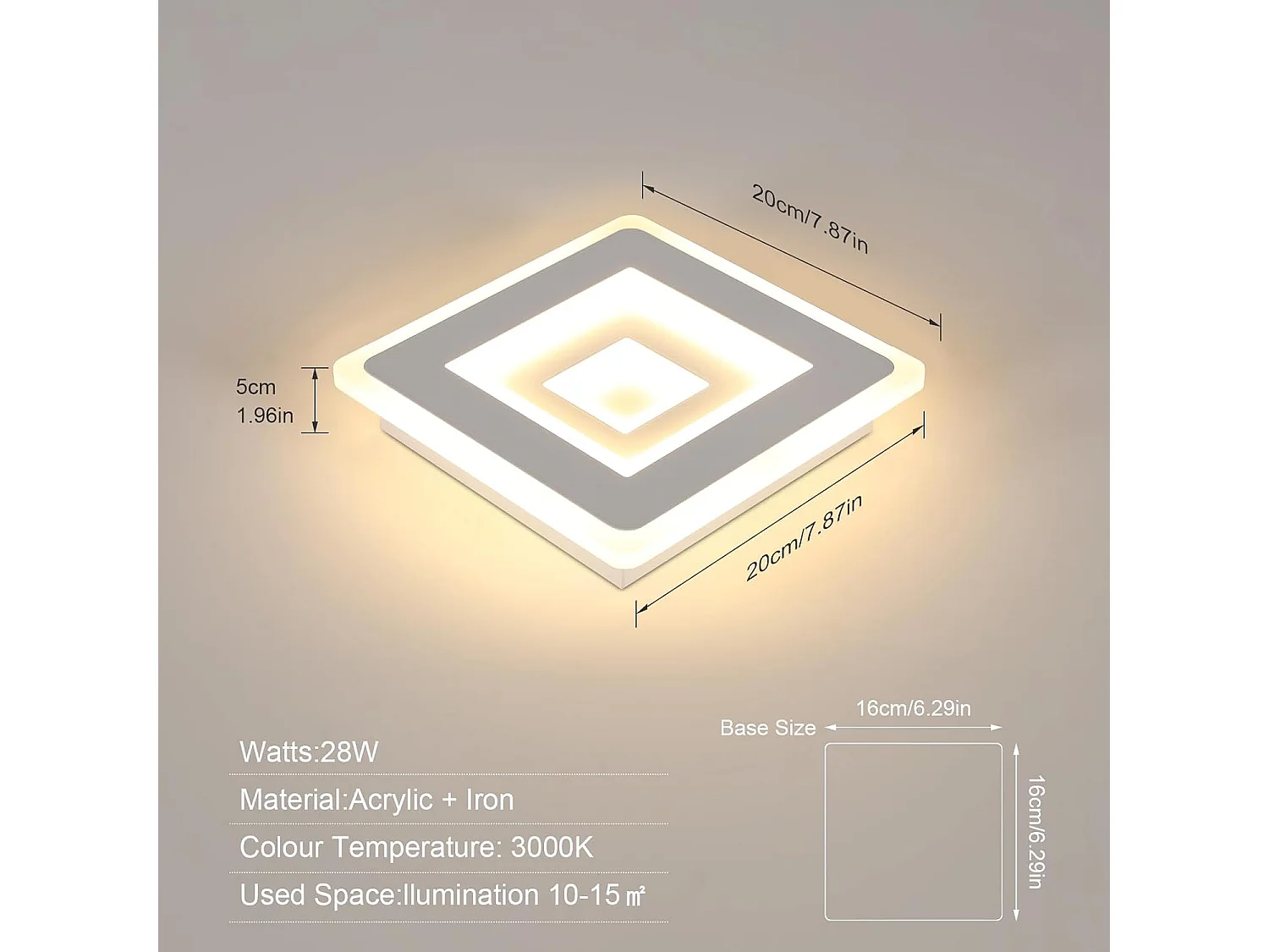 Plafonnier LED Ultra-mince, Blanc, 26W 3000K Lumière Blanche Chaude, en Acrylique, 20*5 CM