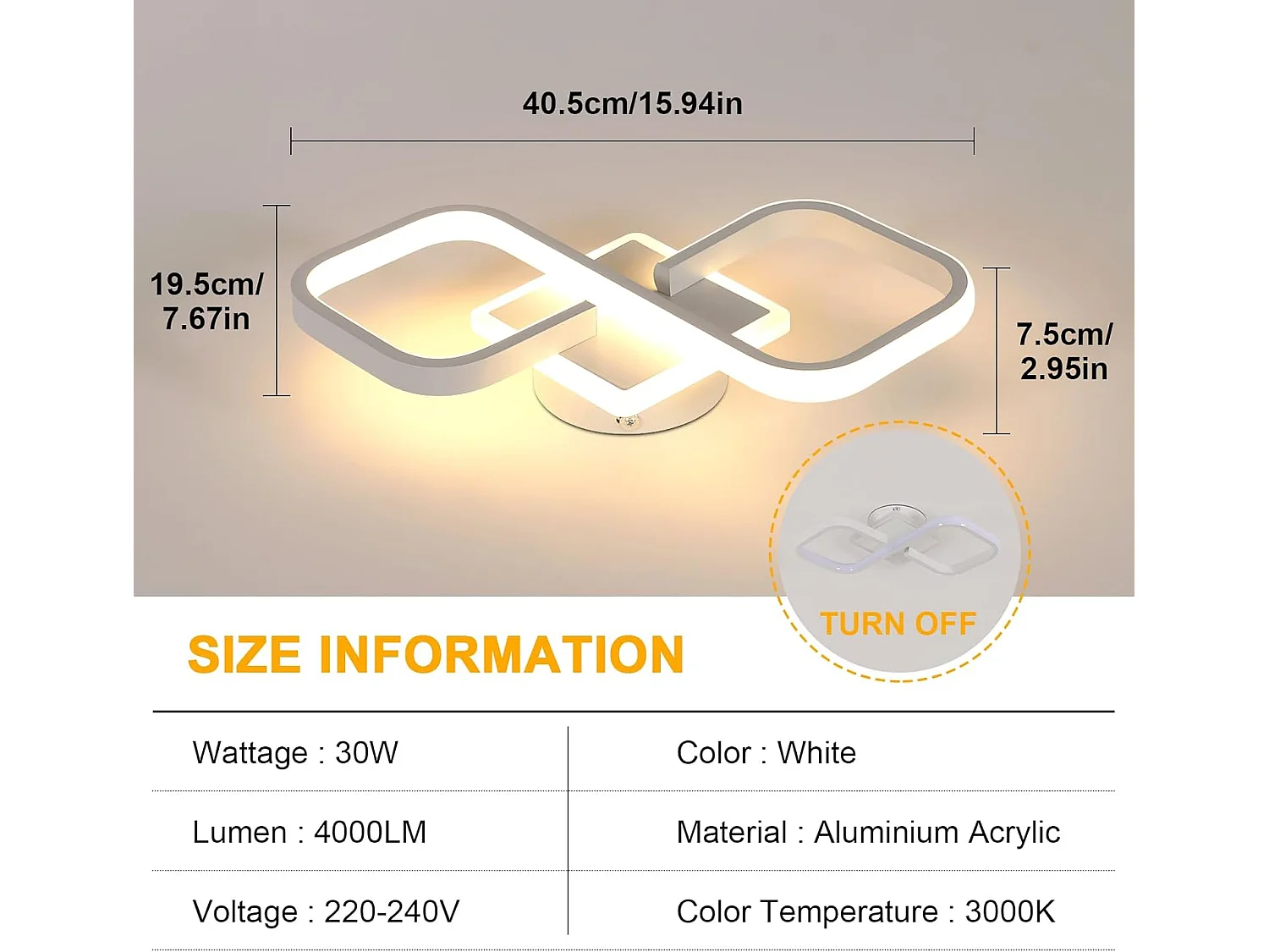 Plafonnier LED, Blanc Carré, en Acrylique, 30W 3500K Lumière Blanche Chaude, pour Salon Chambre