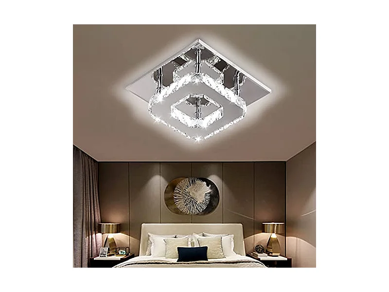 Lustre de plafond minimaliste moderne 12W, plafonnier carré en cristal à LED pour salle de bain, chambre à coucher, salon, couloir, cuisine, salle à