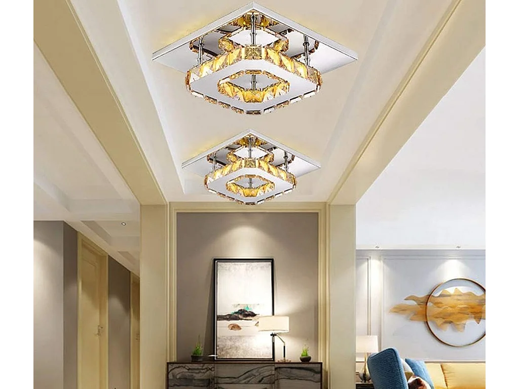 Lustre de plafond minimaliste moderne 12W, plafonnier carré en cristal à LED pour salle de bain, chambre à coucher, salon, couloir, cuisine, salle à