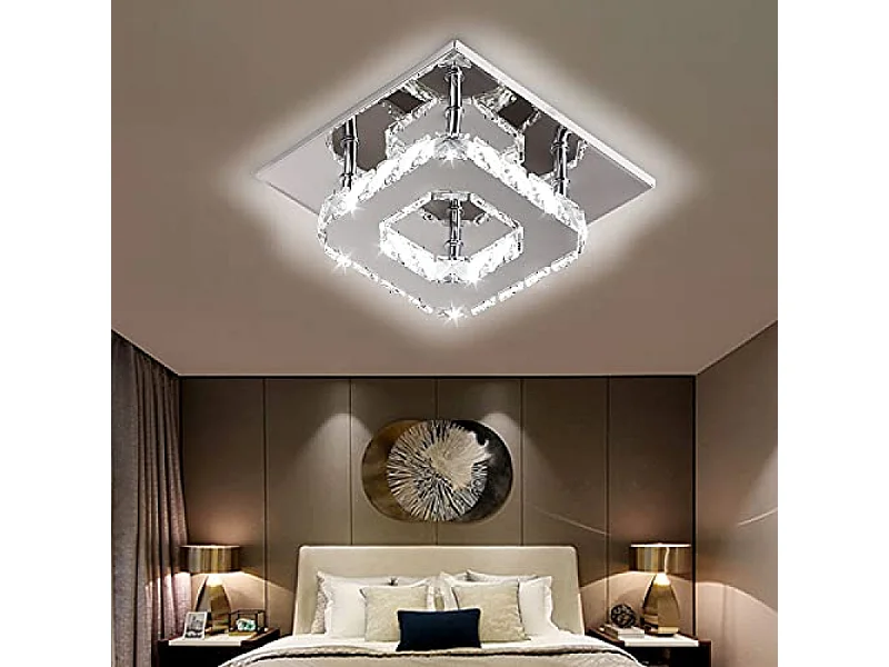 Lustre de plafond minimaliste moderne 12W, plafonnier carré en cristal à LED pour salle de bain, chambre à coucher, salon, couloir, cuisine, salle à
