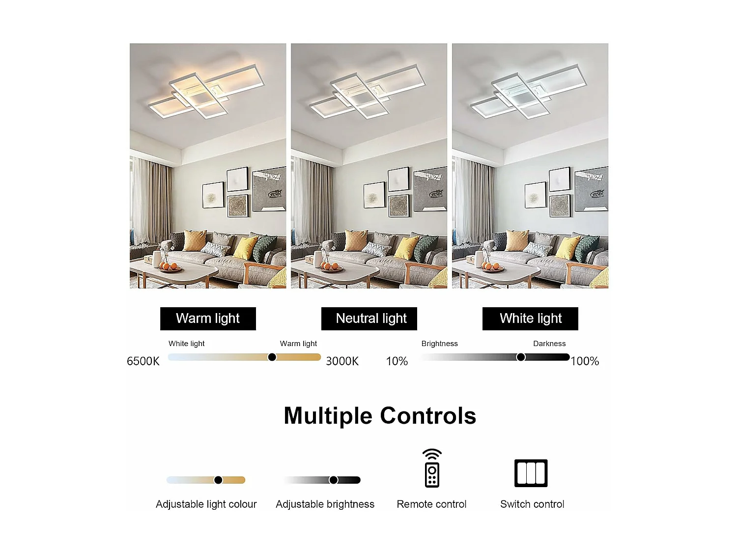 Plafonnier Led Dimmable Moderne Dimmable 3000K-6000K Rectangle Lampe de Plafond Pour salon chambre à coucher salle à manger bureau Blanc