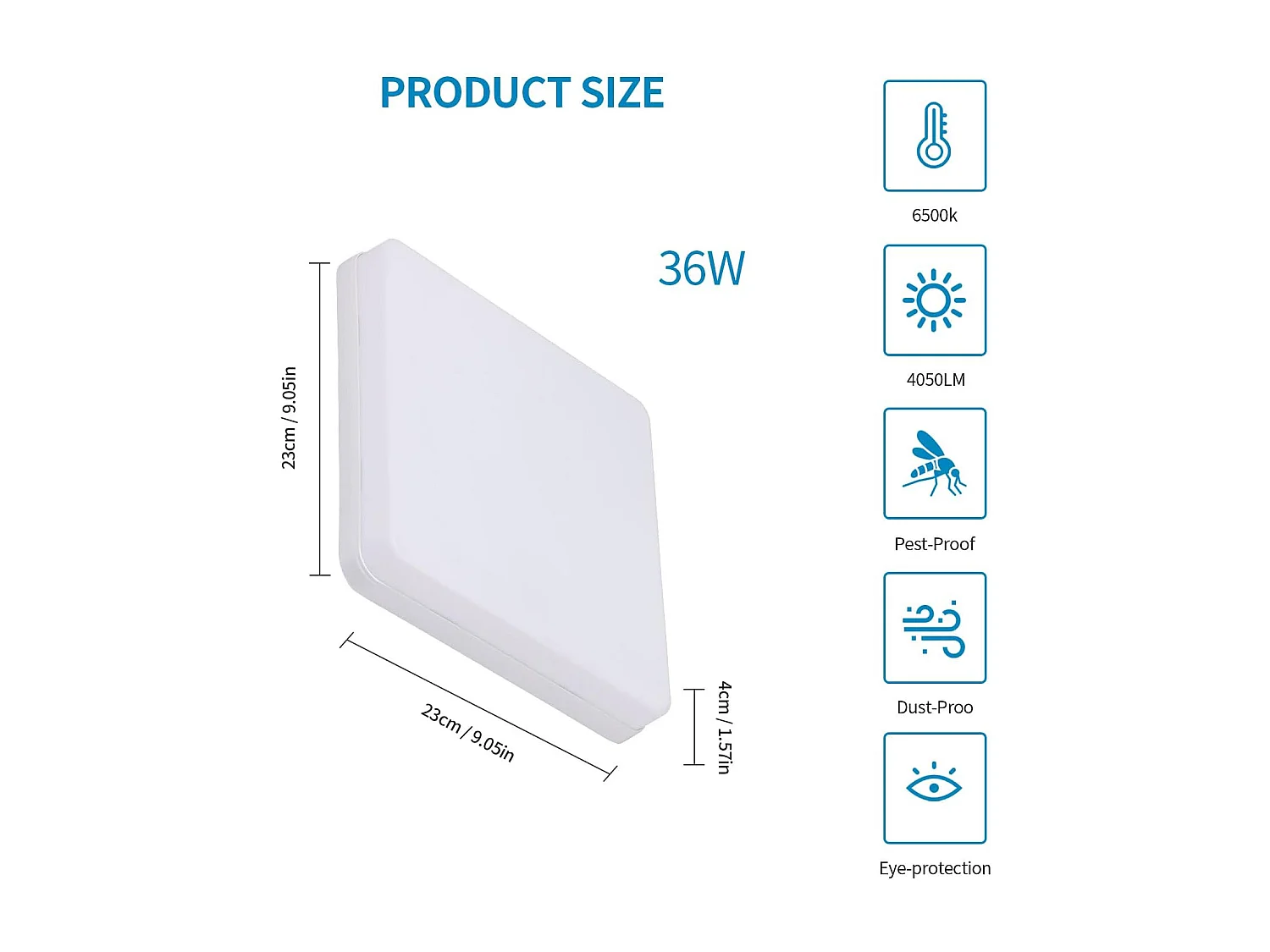 Plafonnier LED, Blanc Carré 23*4 CM, 36W 6500K Blanc Froid, en Plastique, Idéal pour Chambre Couloir Entrée