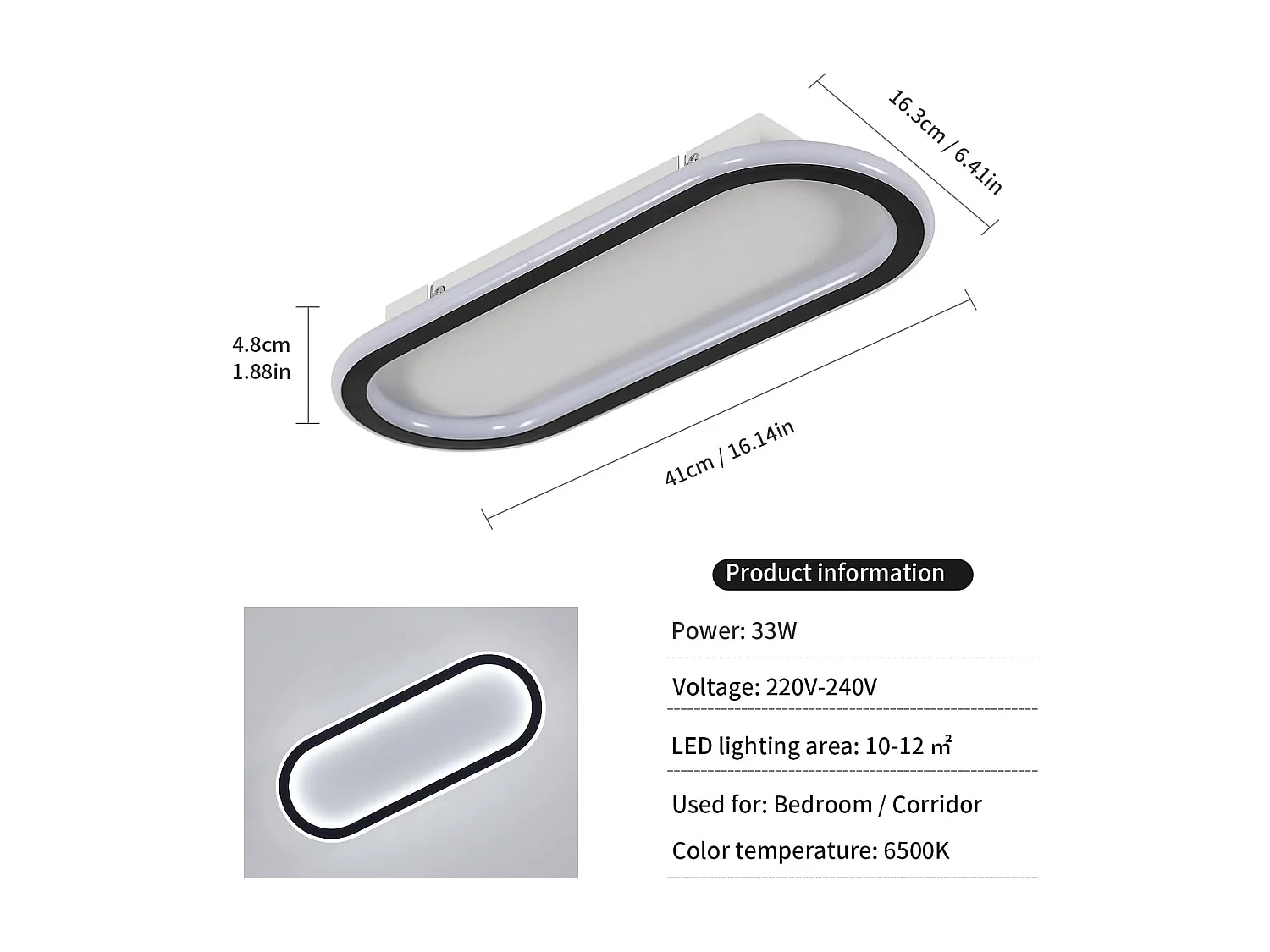 Plafonnier Moderne de Forme Piste - Noir + Blanc 41.5x16.5x5cm, 33W, Lumière Blanche 6500K, 220V