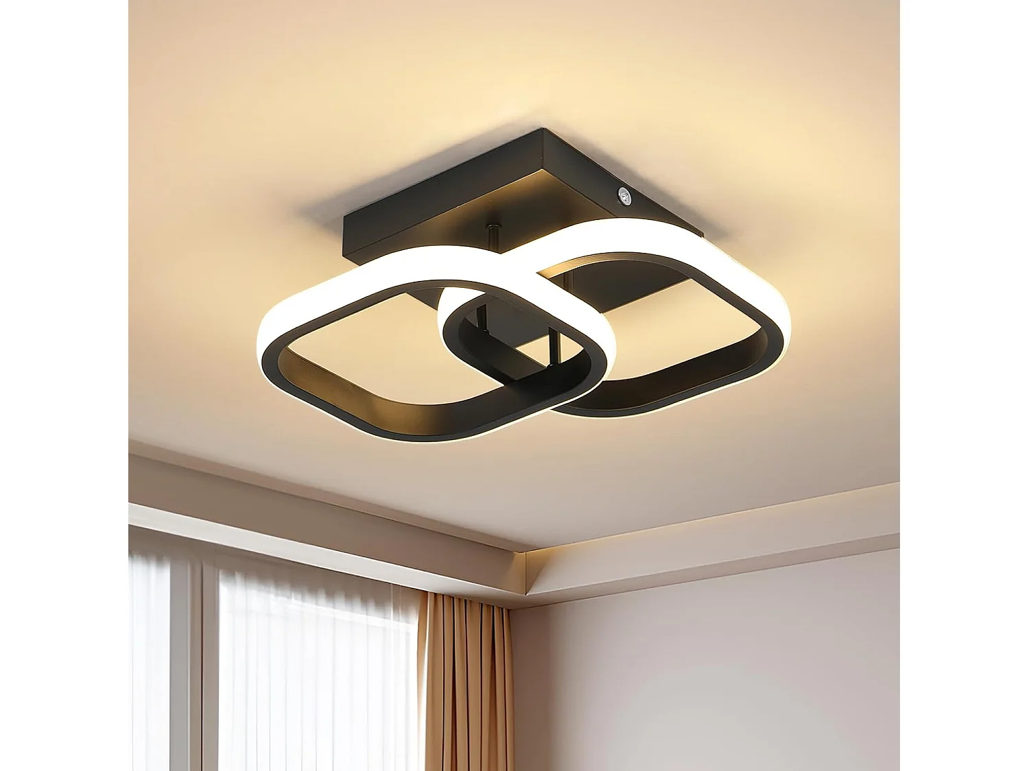 Plafonnier LED Lumière à trois couleurs Plafonnier Noir Double Carré Design Aluminium et Fer Forgé Plafonniers Lampe de Salon