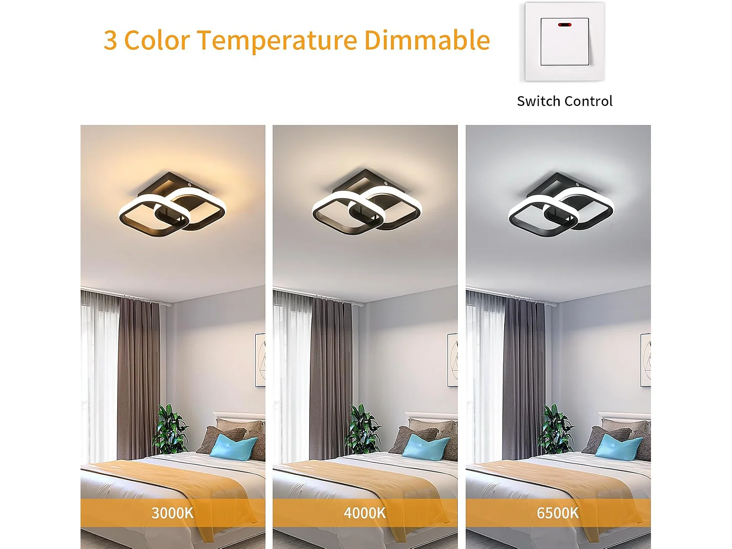 Plafonnier LED Lumière à trois couleurs Plafonnier Noir Double Carré Design Aluminium et Fer Forgé Plafonniers Lampe de Salon