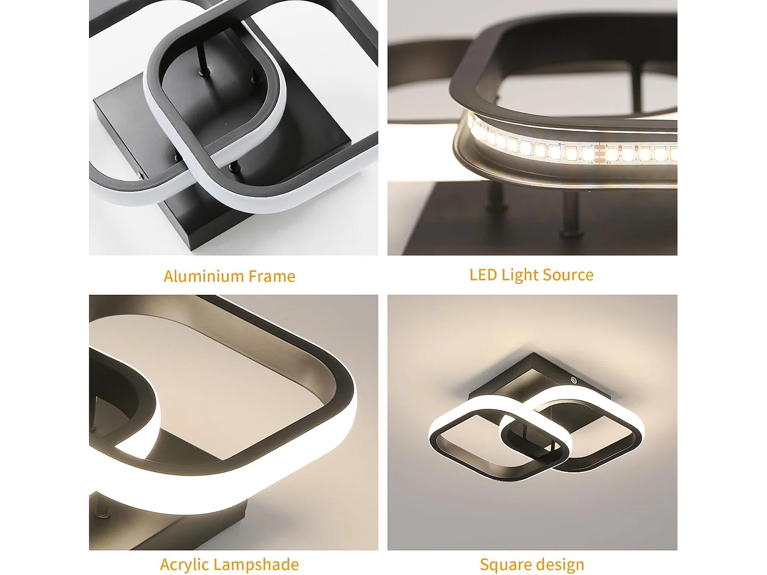 Plafonnier LED Lumière à trois couleurs Plafonnier Noir Double Carré Design Aluminium et Fer Forgé Plafonniers Lampe de Salon