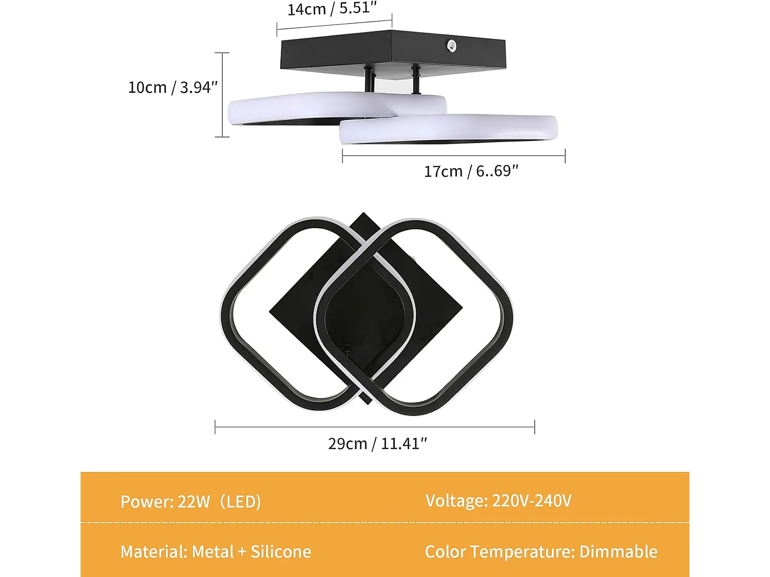 Plafonnier LED Lumière à trois couleurs Plafonnier Noir Double Carré Design Aluminium et Fer Forgé Plafonniers Lampe de Salon