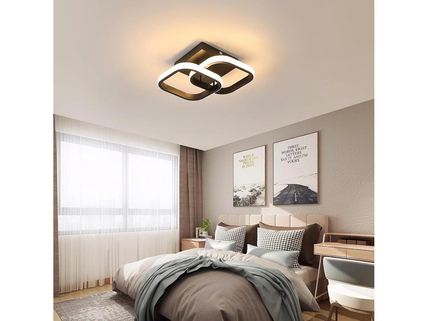 Plafonnier LED Lumière à trois couleurs Plafonnier Noir Double Carré Design Aluminium et Fer Forgé Plafonniers Lampe de Salon