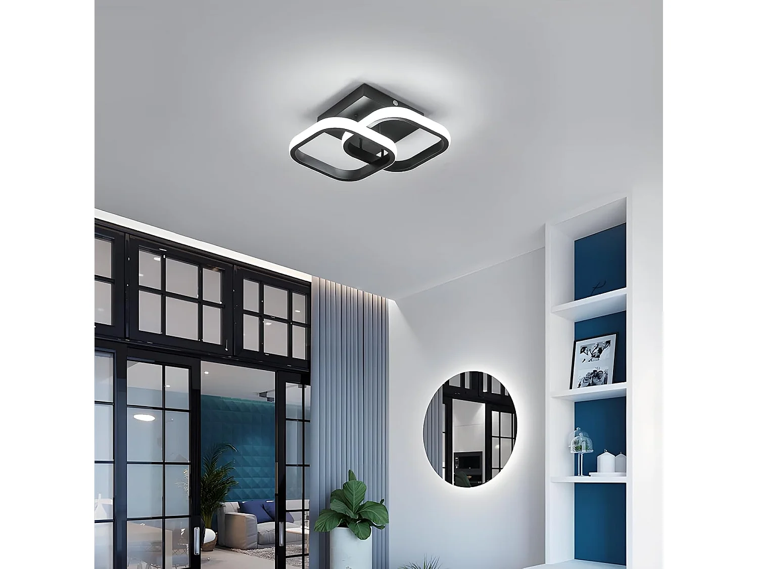 Plafonnier LED Lumière à trois couleurs Plafonnier Noir Double Carré Design Aluminium et Fer Forgé Plafonniers Lampe de Salon