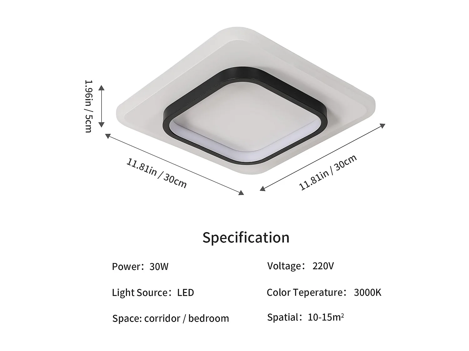Plafonnier LED Moderne 30W 3375LM Carré Acrylique Noir  Luminaire Élégant pour Salon Chambre Cuisine Couloir 30CM（Lumière Chaude 3000K）