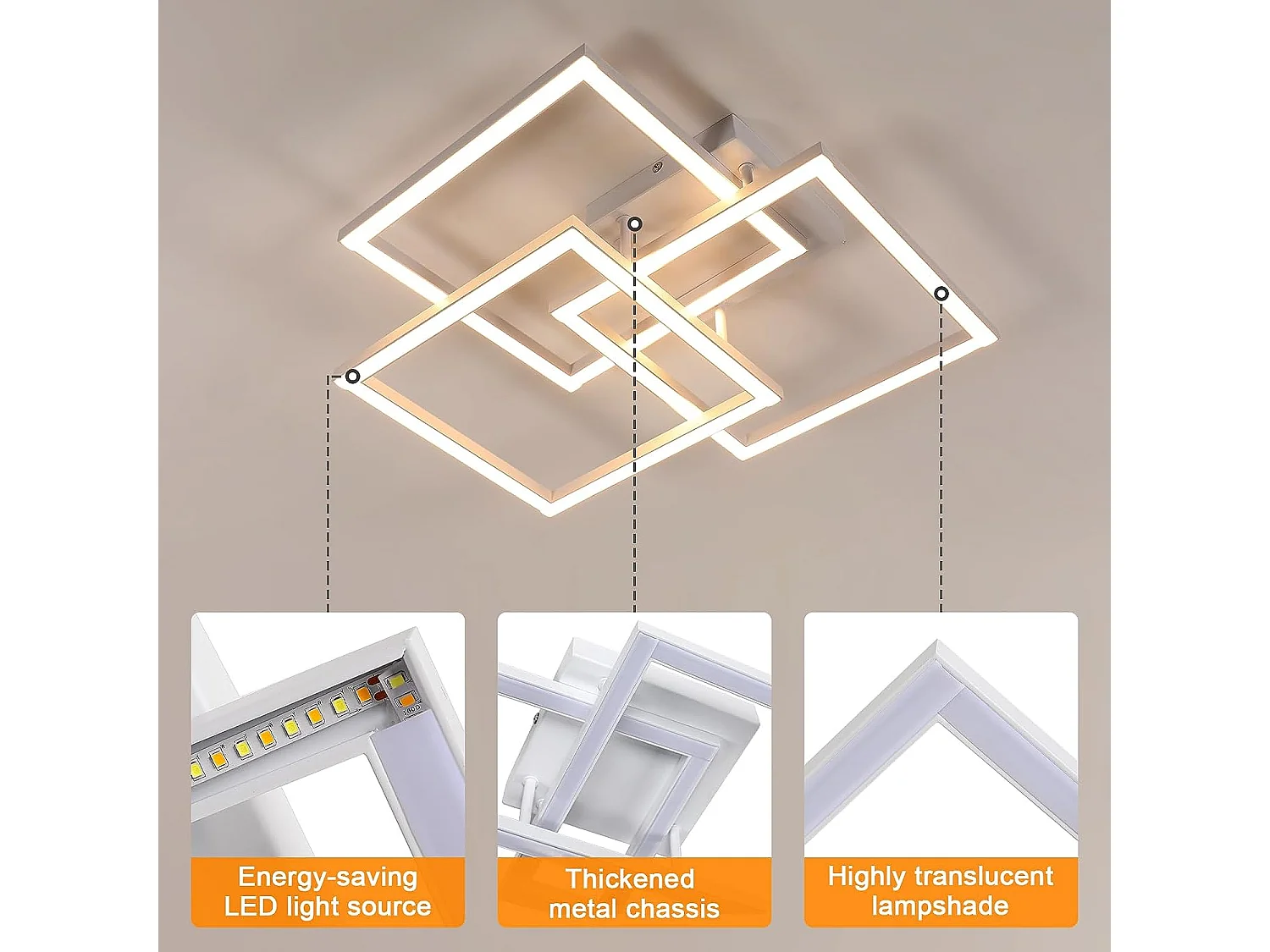 Plafonnier LED, 40W Luminaire Plafonnier Moderne Dimmable Télécommande Lumière Blanche Froide 3000-6500K, 4500LM Lustre Luminaire Carré en Aluminium