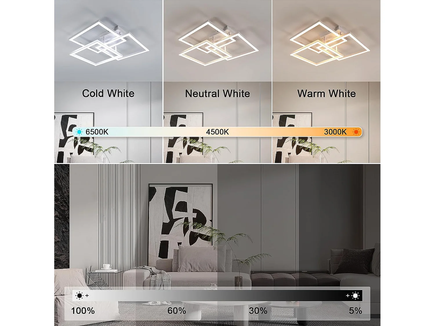 Plafonnier LED, 40W Luminaire Plafonnier Moderne Dimmable Télécommande Lumière Blanche Froide 3000-6500K, 4500LM Lustre Luminaire Carré en Aluminium