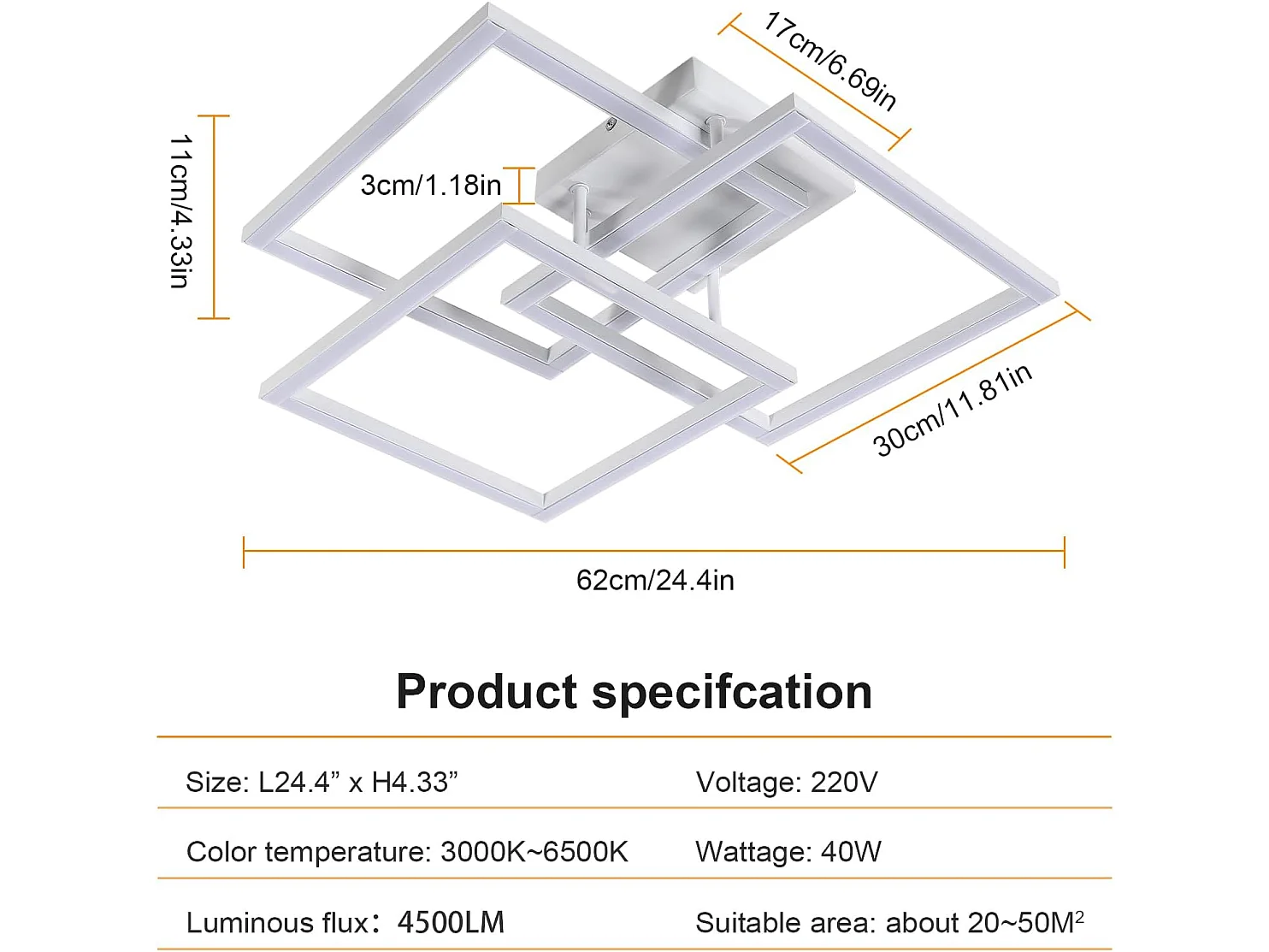 Plafonnier LED, 40W Luminaire Plafonnier Moderne Dimmable Télécommande Lumière Blanche Froide 3000-6500K, 4500LM Lustre Luminaire Carré en Aluminium
