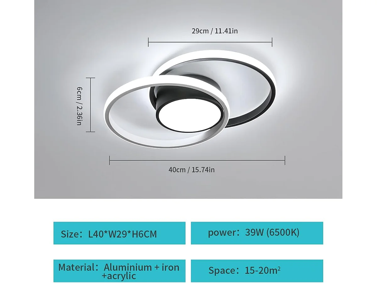 Plafonnier LED Moderne, 39W 4725LM, Design Créatif Rond,Noir pour Salle à Manger, Couloir, Chambre, Cuisine, Balcon, Lumière Blanche Froide 6500K