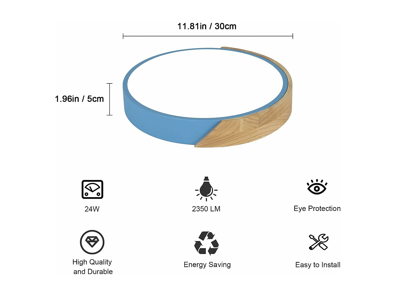 Plafonnier Rond LED Macaron Bleu pour Chambre d'Enfant, Salon, Couloir, Bureau - Éclairage Moderne 6000K, Diamètre 30CM