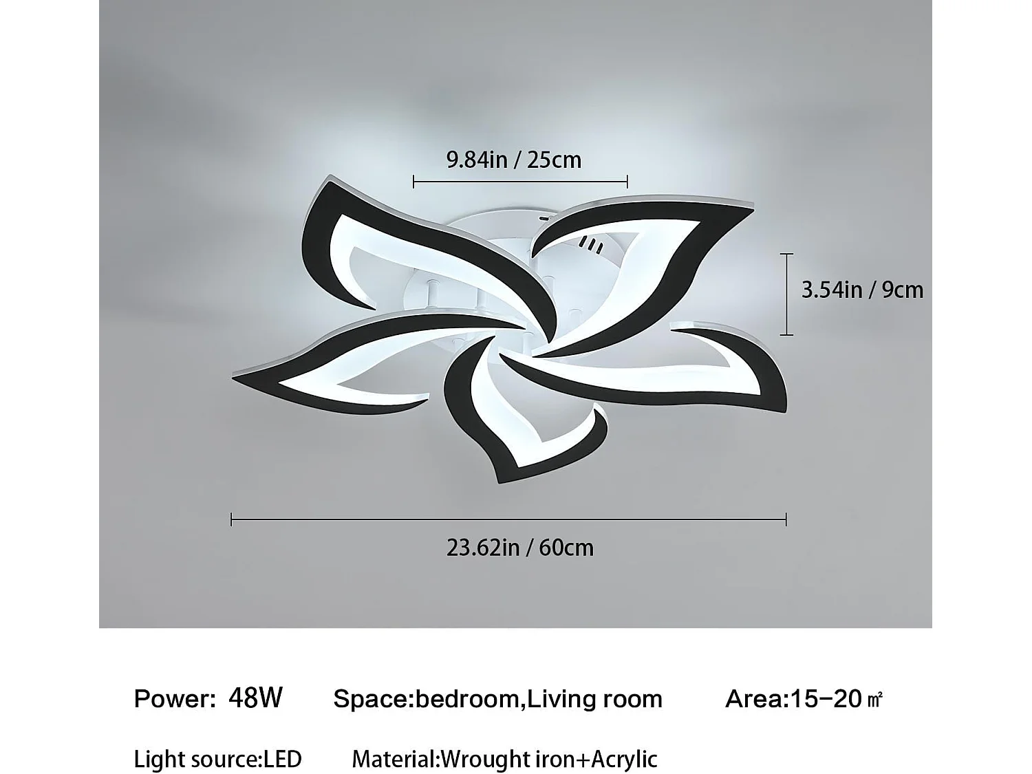 Plafonnier Led Moderne, 48W 6500LM Noir, Design Floral Créatif, Lampe de Plafond en Acrylique pour Chambre, Salon, Salle à Manger, Cuisine, Couloir,