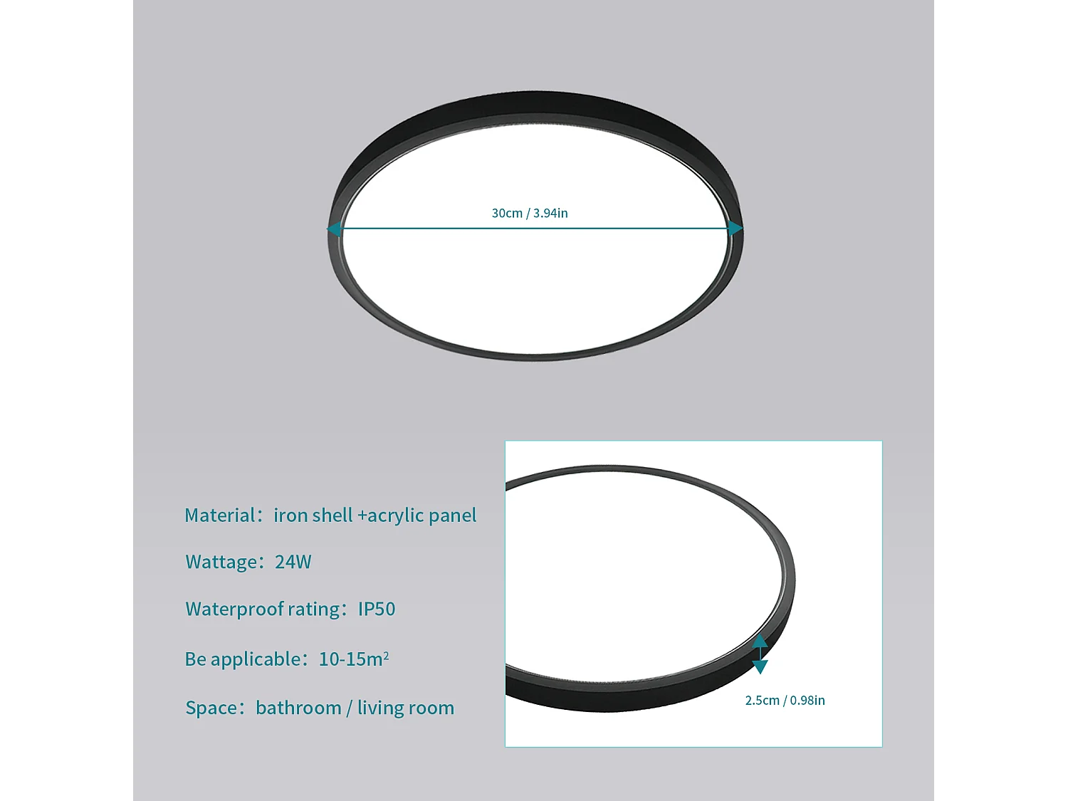 Luminaire Plafond LED 24W 2400LM blanc froid 6500K finition noire rond élégante pour Chambre Salon Couloir Diamètre 30cm