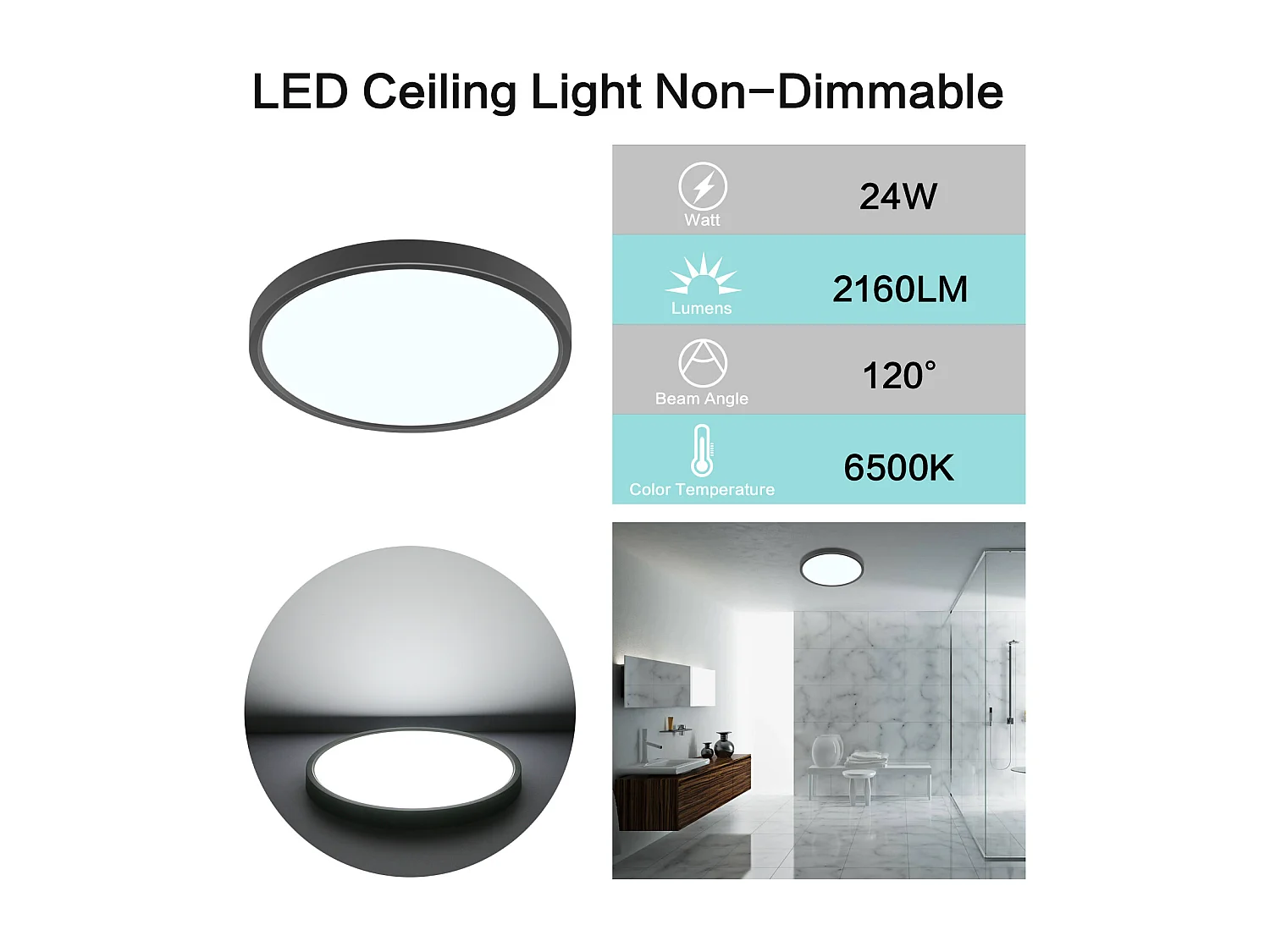 Luminaire Plafond LED 24W 2400LM blanc froid 6500K finition noire rond élégante pour Chambre Salon Couloir Diamètre 30cm