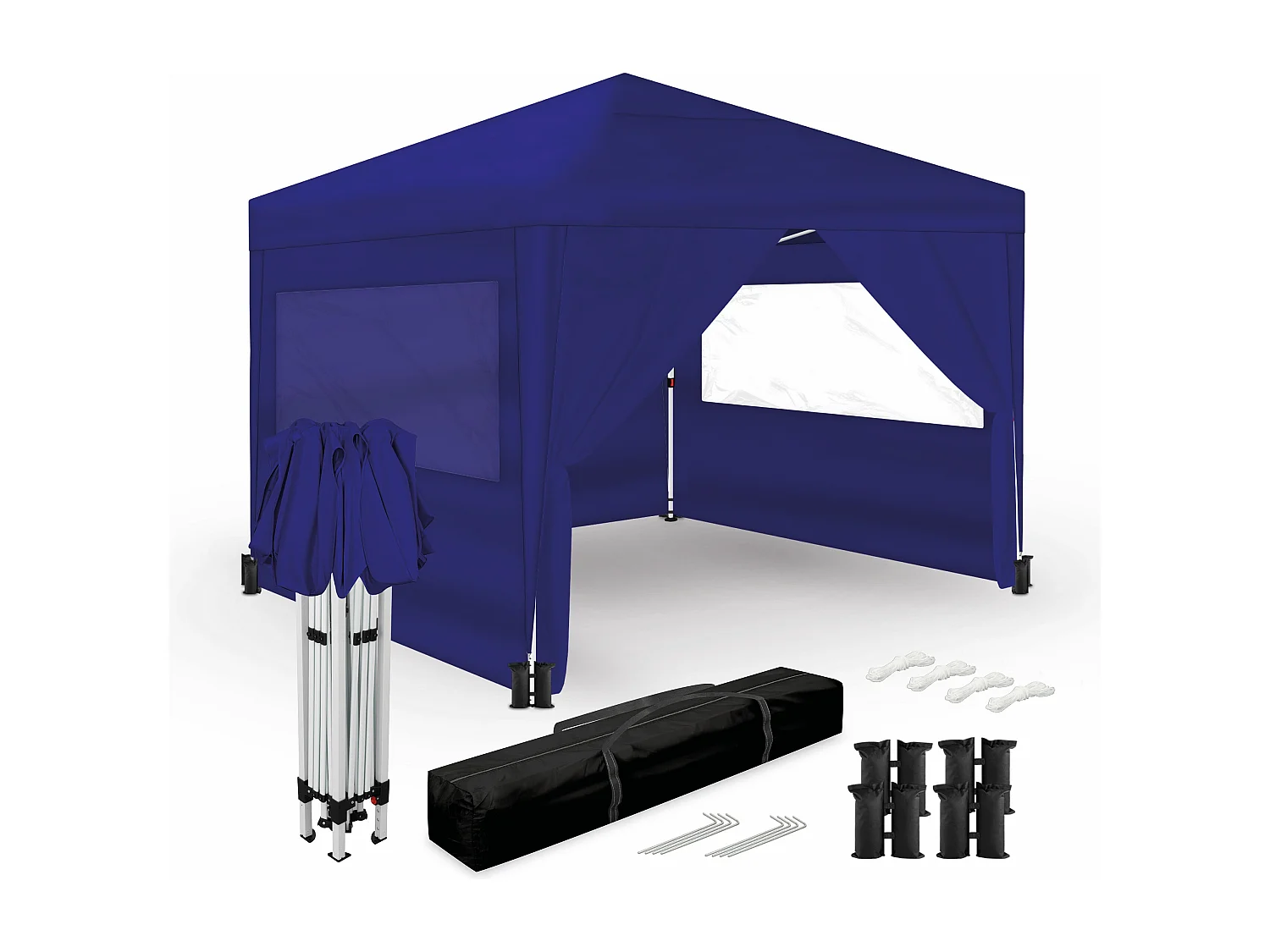Wasabi - Carpa Plegable 3x3m – 4 Paredes Laterales – 4 Bolsas de Arena, Piquetas y Cuerdas Fijación – Saco de Transporte – Pérgola Azul Nylon – Cenador Jardín