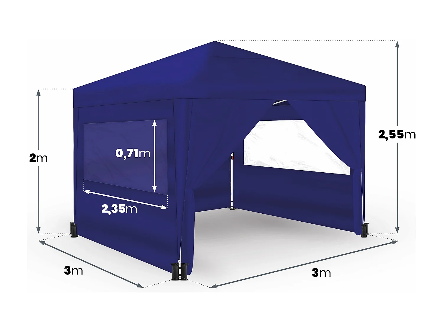 Wasabi - Carpa Plegable 3x3m – 4 Paredes Laterales – 4 Bolsas de Arena, Piquetas y Cuerdas Fijación – Saco de Transporte – Pérgola Azul Nylon – Cenador Jardín