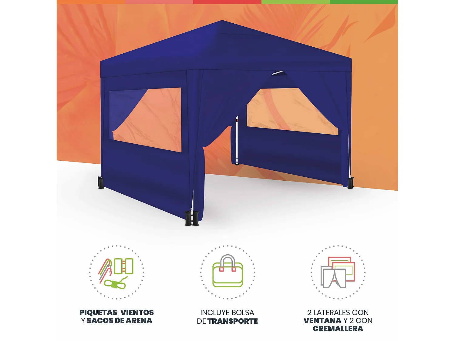 Wasabi - Carpa Plegable 3x3m – 4 Paredes Laterales – 4 Bolsas de Arena, Piquetas y Cuerdas Fijación – Saco de Transporte – Pérgola Azul Nylon – Cenador Jardín