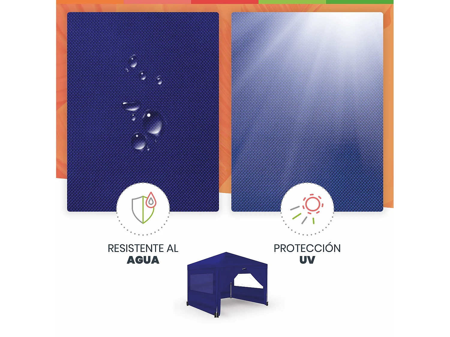Wasabi - Carpa Plegable 3x3m – 4 Paredes Laterales – 4 Bolsas de Arena, Piquetas y Cuerdas Fijación – Saco de Transporte – Pérgola Azul Nylon – Cenador Jardín