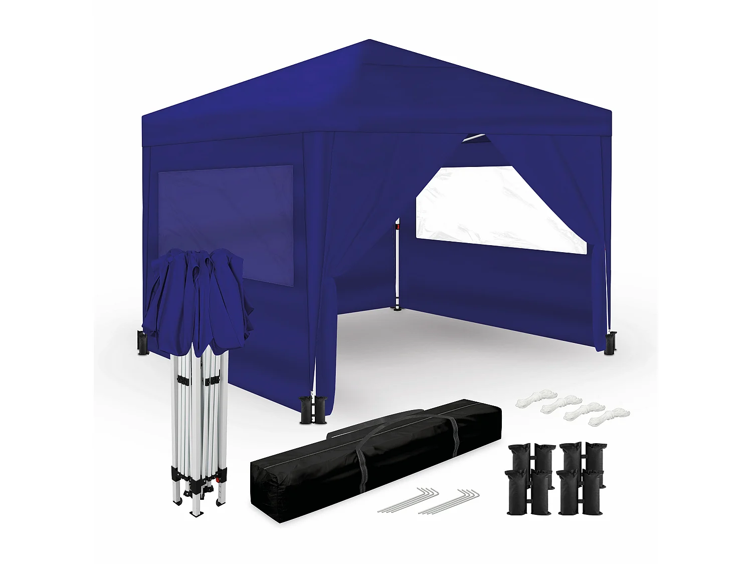 Wasabi - Tonnelle Pliante 3x3m – 4 Parois Latérales – 4 Sacs de Sable, Piquets, Cordes – Sac Transport - Pergola Bleue en Nylon