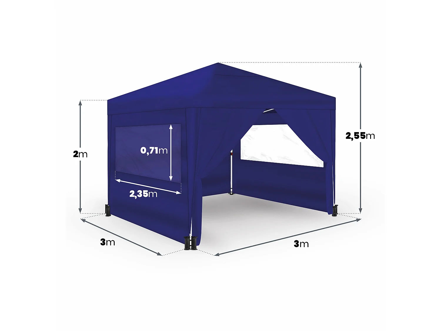 Wasabi - Tonnelle Pliante 3x3m – 4 Parois Latérales – 4 Sacs de Sable, Piquets, Cordes – Sac Transport - Pergola Bleue en Nylon