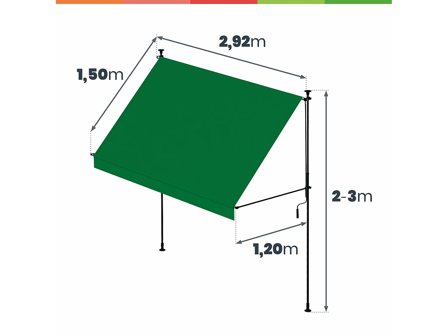 Wasabi - Store Banne Manuel Cityline Vert - Auvent Portable Réglable - 3x1,2m - Toile Polyester UV - Inclinaison Réglable