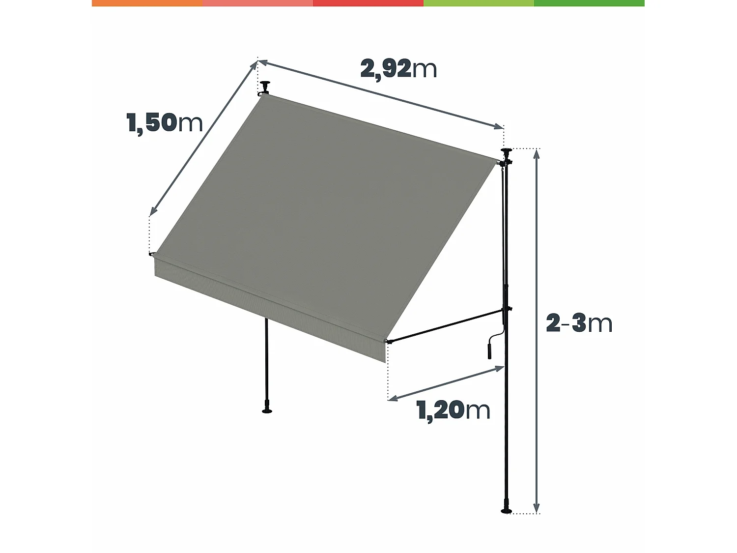Wasabi - Toldo Exterior Cityline Gris 3x1,2m - Portátil y Ajustable sin Taladrar - Lona Poliéster UV - Inclinación Regulable - Resistente para Jardín y Balcón