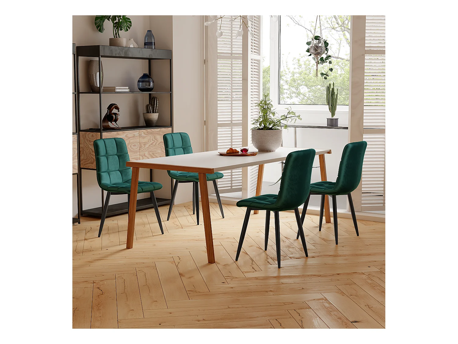 Juego de 4 sillas de comedor con respaldo, estructura de metal, verde oscuro, terciopelo