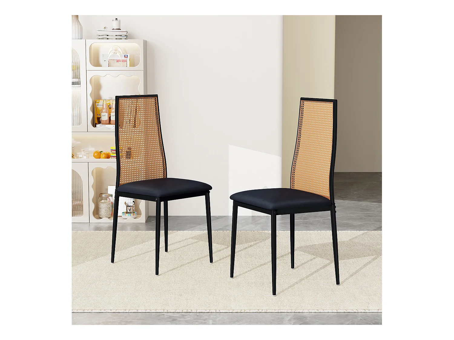 Ensemble 2 pièces, chaise en rotin, chaise de salle à manger à dossier haut, imitation rotin PE, Noir