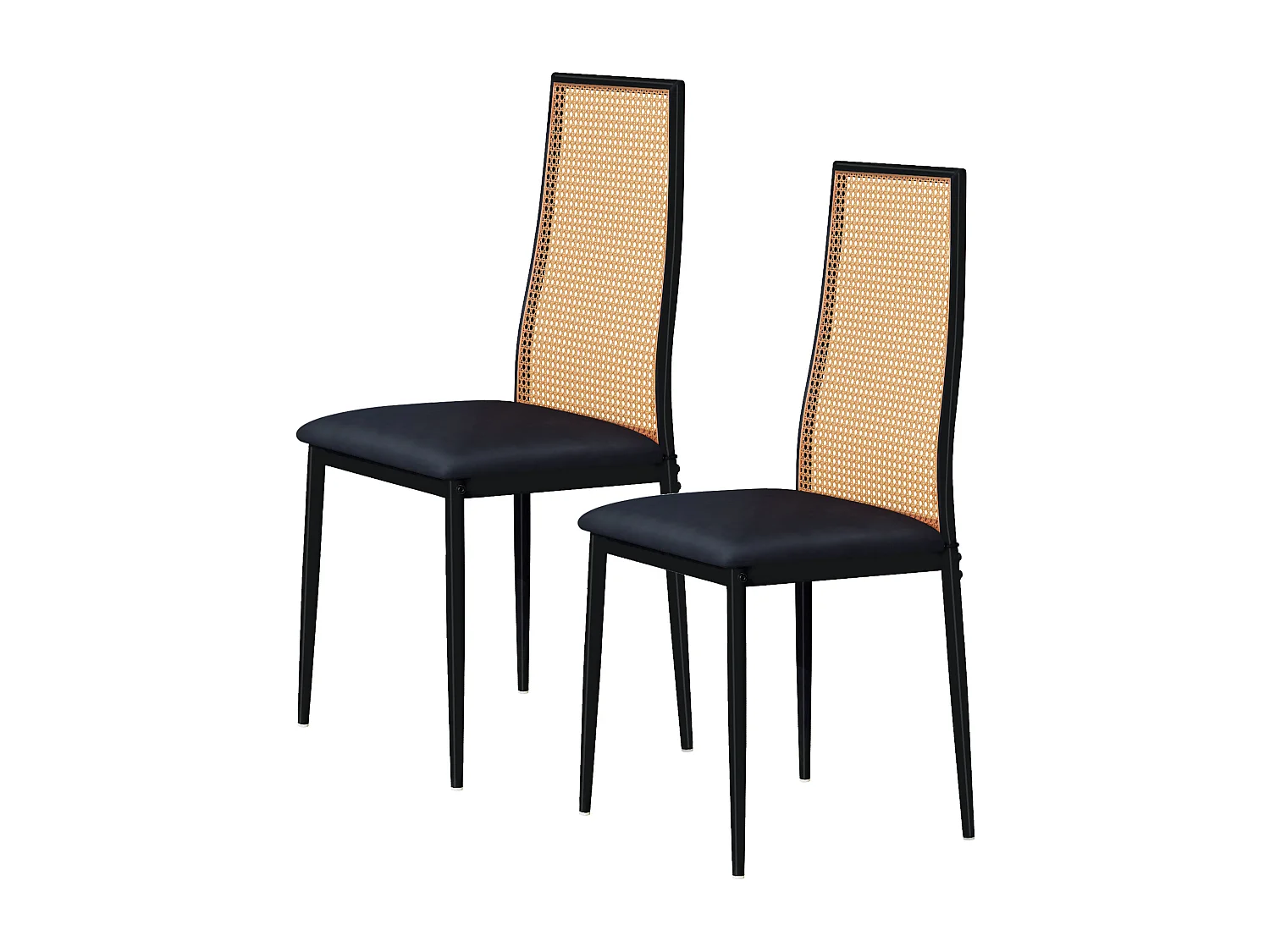 Ensemble 2 pièces, chaise en rotin, chaise de salle à manger à dossier haut, imitation rotin PE, Noir