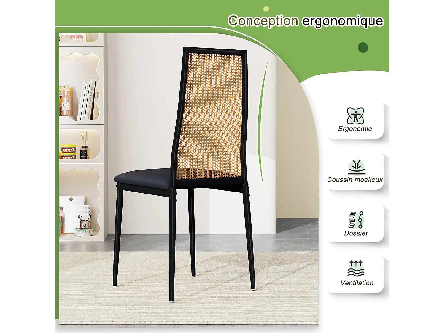 Ensemble 2 pièces, chaise en rotin, chaise de salle à manger à dossier haut, imitation rotin PE, Noir