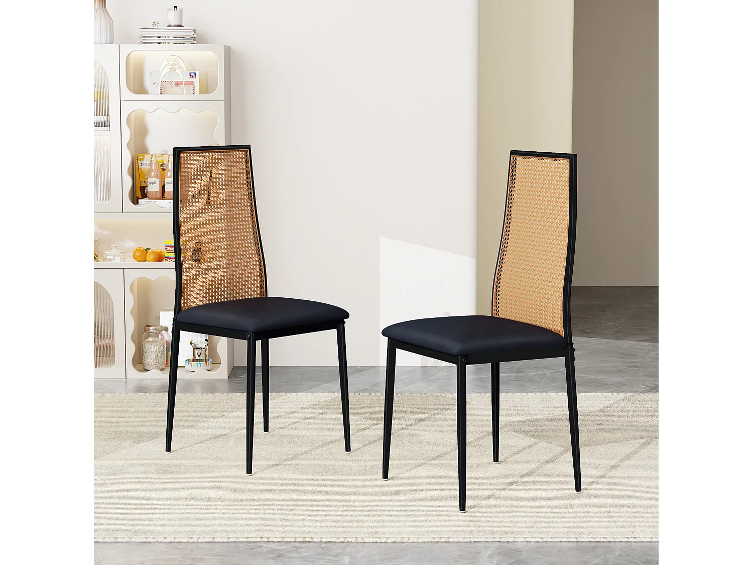 Ensemble 2 pièces, chaise en rotin, chaise de salle à manger à dossier haut, imitation rotin PE, Noir