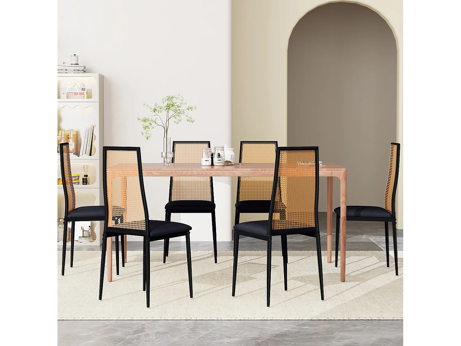 Ensemble 2 pièces, chaise en rotin, chaise de salle à manger à dossier haut, imitation rotin PE, Noir