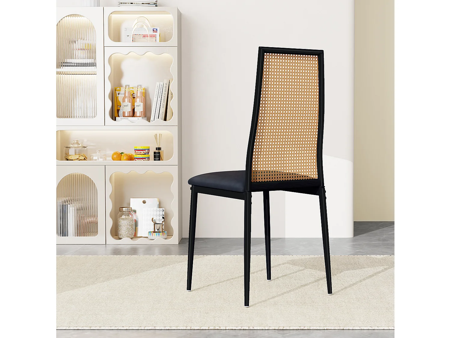 Ensemble 2 pièces, chaise en rotin, chaise de salle à manger à dossier haut, imitation rotin PE, Noir