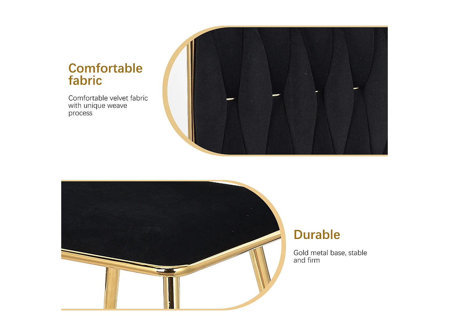 Juego de sillas de comedor de 2 piezas, respaldo recto dorado, terciopelo negro