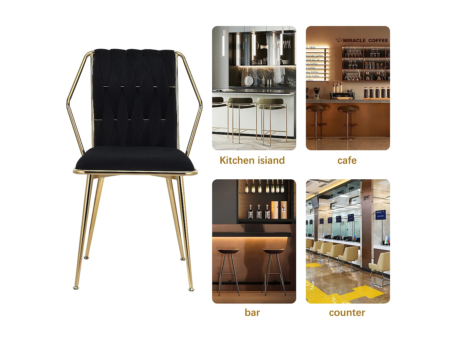 Juego de sillas de comedor de 2 piezas, respaldo recto dorado, terciopelo negro