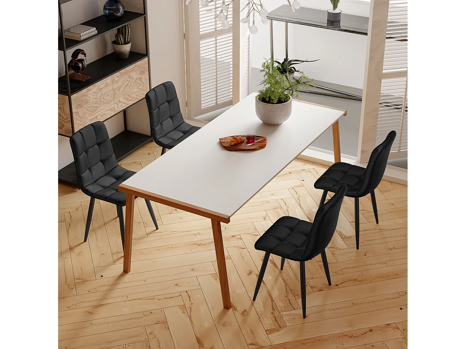 Set van 4 eetkamerstoelen met rugleuning, metalen frame, zwart, fluweel