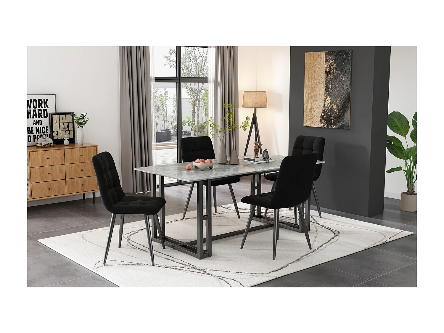 Set van 4 eetkamerstoelen met rugleuning, metalen frame, zwart, fluweel