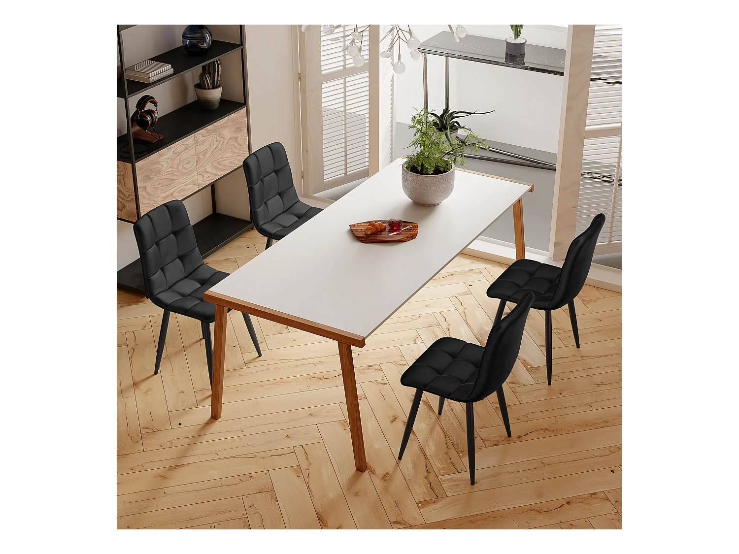 Juego de 4 sillas de comedor con respaldo, estructura de metal, color negro, terciopelo.