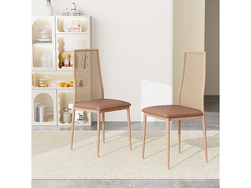 Conjunto de 2 piezas, silla de ratán, silla de comedor con respaldo alto, ratán sintético de imitación PE, color madera