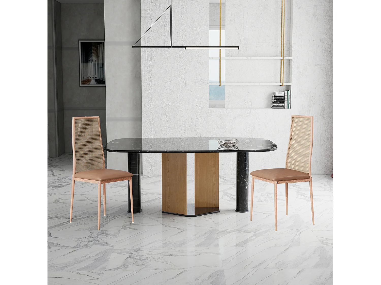 2er Set, Rattanstuhl, Esszimmerstuhl mit hoher Rückenlehne, PE-Rattan-Imitat, Holzfarbe